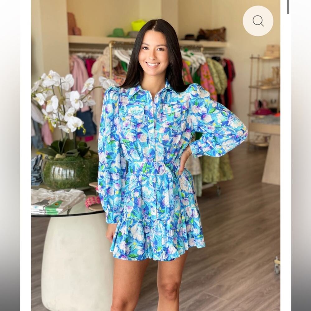 elliatt primrose blue floral print long sleeve belted mini fall dress size small